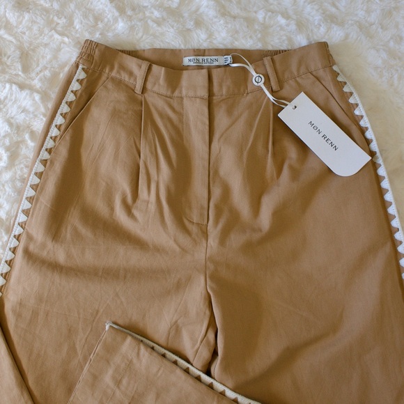 MON RENN LISLE PANT NWT- High waist wide pants with side seam embroidery S - Tan - Picture 2 of 16